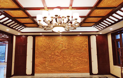 沿河中式别墅客厅中式木作横梁吊顶装饰展示